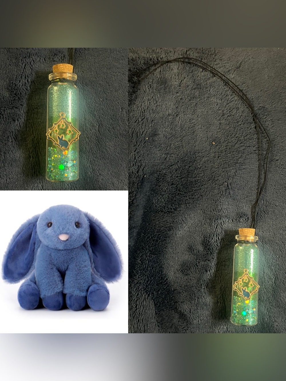 Bunny Glass Fairy Potion Glitter Bottle Necklace w/ Pendant - Aqua & Green